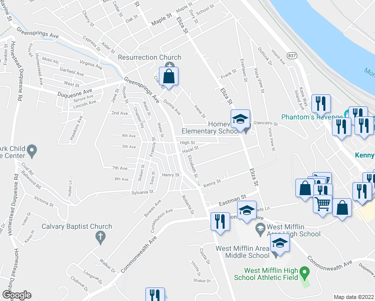 map of restaurants, bars, coffee shops, grocery stores, and more near 601 Hazel Street in West Mifflin