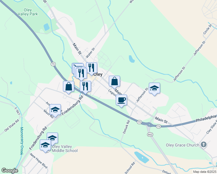 map of restaurants, bars, coffee shops, grocery stores, and more near 420 Main Street in Oley
