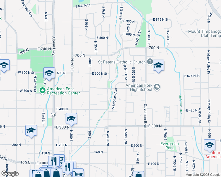 map of restaurants, bars, coffee shops, grocery stores, and more near 398 East 520 North Street in American Fork