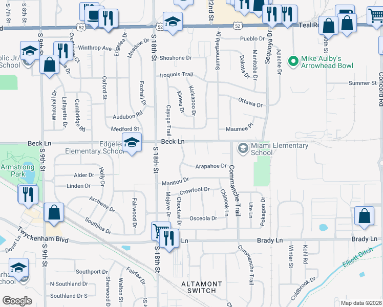map of restaurants, bars, coffee shops, grocery stores, and more near 2909 Algonquin Drive in Lafayette