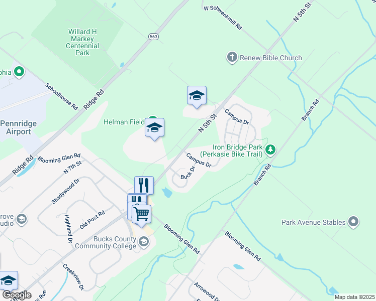 map of restaurants, bars, coffee shops, grocery stores, and more near 401 Campus Drive in Perkasie