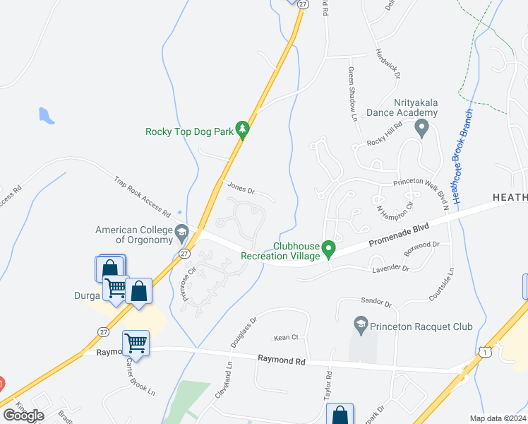 map of restaurants, bars, coffee shops, grocery stores, and more near 38 East Countryside Drive in Princeton