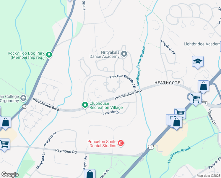 map of restaurants, bars, coffee shops, grocery stores, and more near 303 Bentley Drive in Princeton