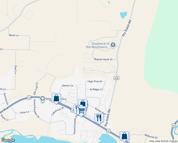 map of restaurants, bars, coffee shops, grocery stores, and more near 1775-1851 Wildfire Rd in Estes Park