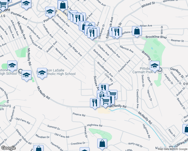 map of restaurants, bars, coffee shops, grocery stores, and more near 1109 Norwich Avenue in Pittsburgh