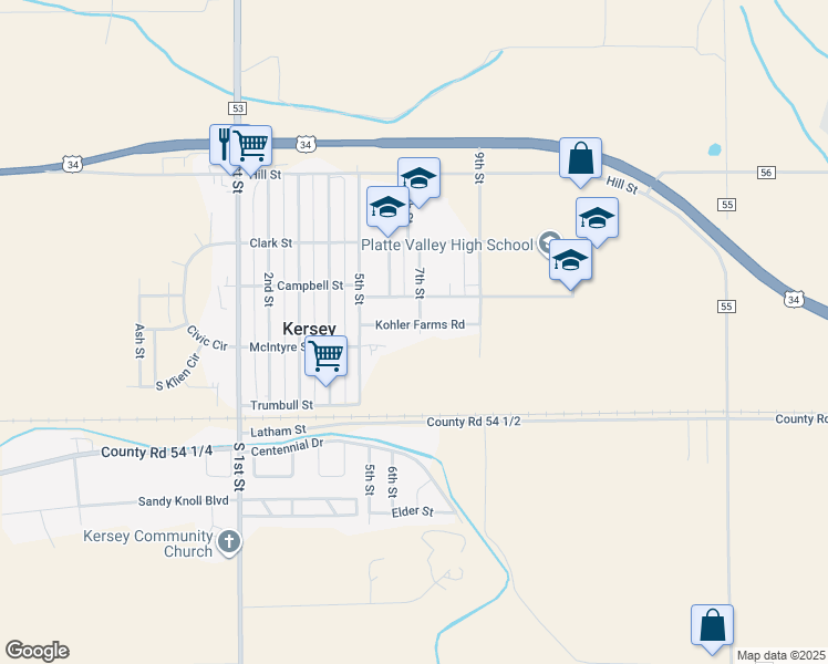 map of restaurants, bars, coffee shops, grocery stores, and more near 614 Kohler Farms Road in Kersey