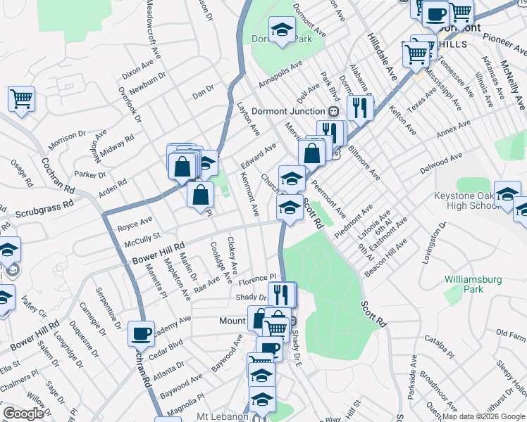 map of restaurants, bars, coffee shops, grocery stores, and more near in Allegheny County