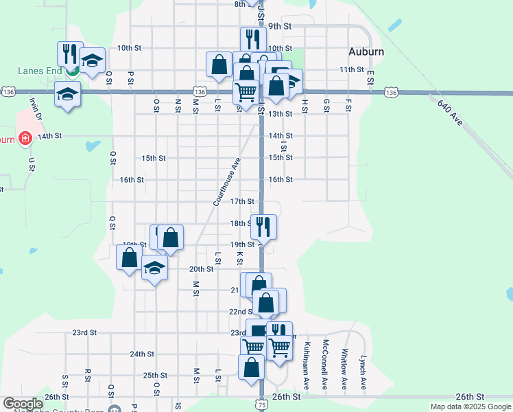 map of restaurants, bars, coffee shops, grocery stores, and more near 1700 J Street in Auburn
