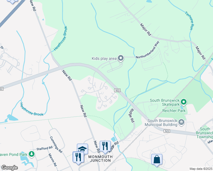 map of restaurants, bars, coffee shops, grocery stores, and more near 42 Wisteria Court in South Brunswick Township