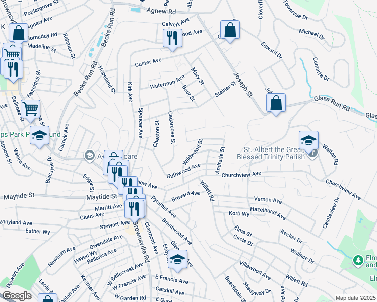 map of restaurants, bars, coffee shops, grocery stores, and more near 2935 Wildwood Street in Pittsburgh
