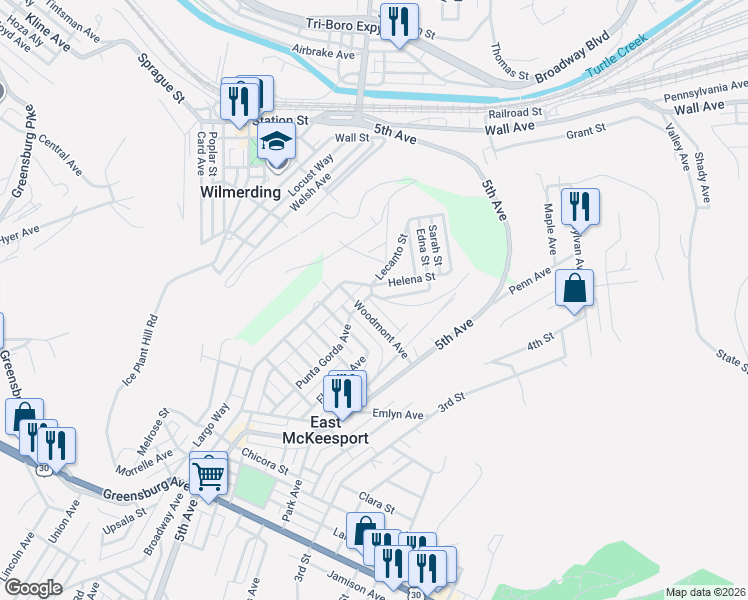map of restaurants, bars, coffee shops, grocery stores, and more near 583 Broadway Extension in East McKeesport