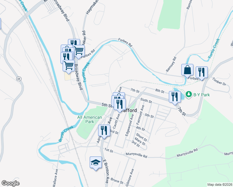map of restaurants, bars, coffee shops, grocery stores, and more near 537 Brinton Avenue in Trafford