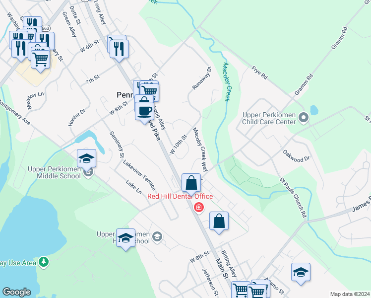 map of restaurants, bars, coffee shops, grocery stores, and more near 1066 Valley Court in Pennsburg
