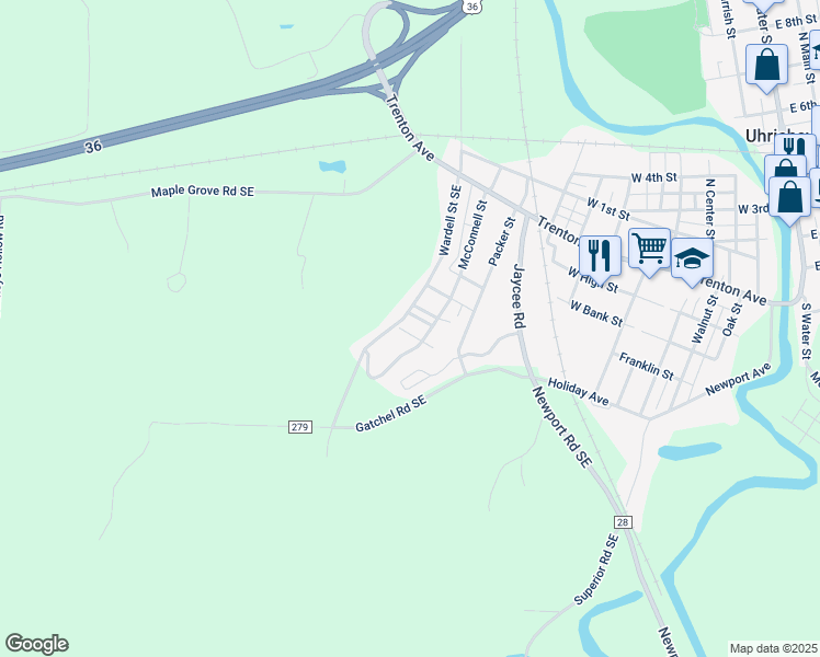 map of restaurants, bars, coffee shops, grocery stores, and more near 1006 Maurer Drive in Uhrichsville