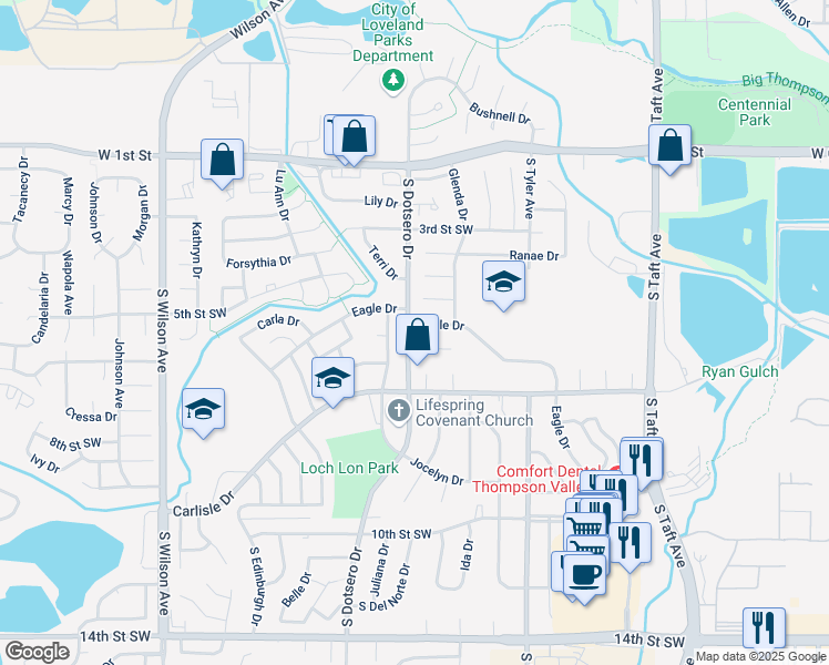 map of restaurants, bars, coffee shops, grocery stores, and more near 1852 Eagle Drive in Loveland