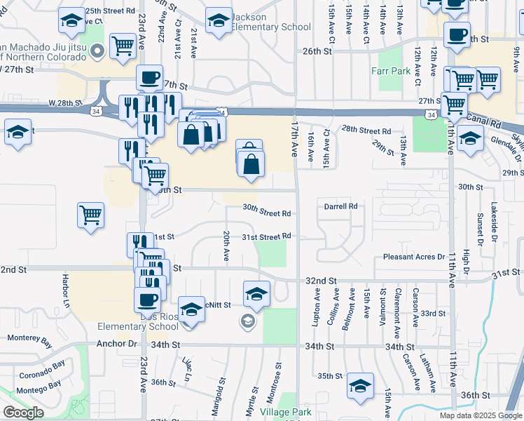 map of restaurants, bars, coffee shops, grocery stores, and more near 1820 30th Street Road in Greeley
