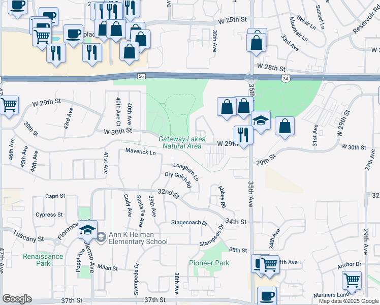 map of restaurants, bars, coffee shops, grocery stores, and more near 3710 West 29th Street in Greeley