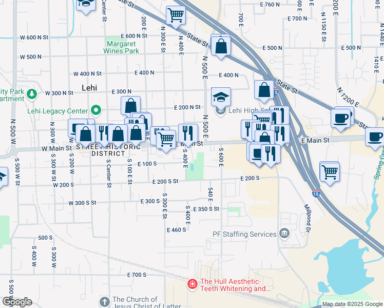 map of restaurants, bars, coffee shops, grocery stores, and more near 498 East Main Street in Lehi