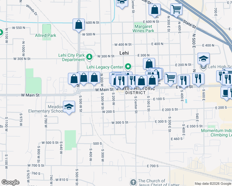 map of restaurants, bars, coffee shops, grocery stores, and more near 187 West Main Street in Lehi