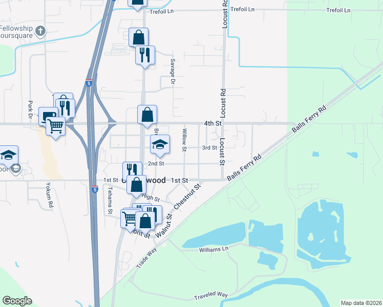 map of restaurants, bars, coffee shops, grocery stores, and more near 3433 Willow Lane in Anderson