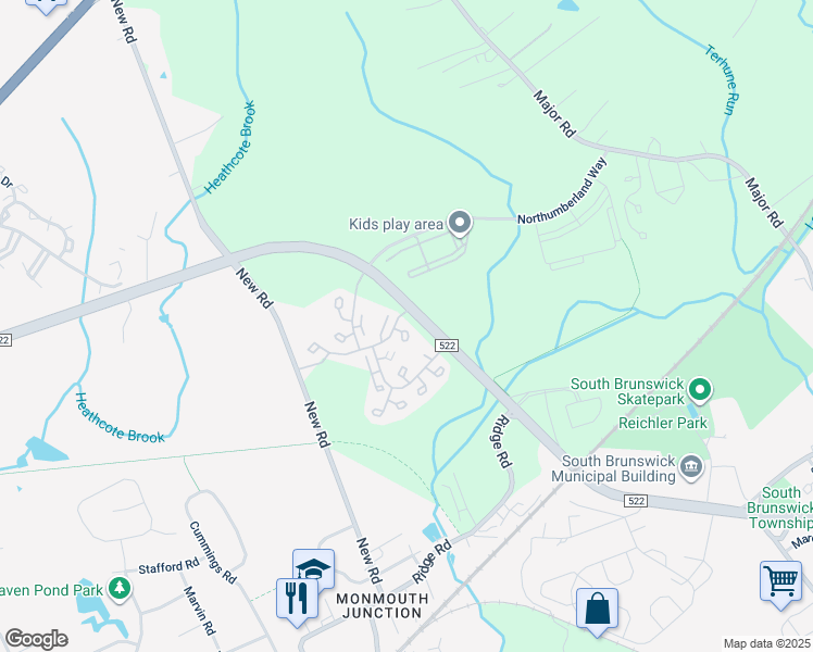 map of restaurants, bars, coffee shops, grocery stores, and more near 42 Wisteria Court in South Brunswick Township