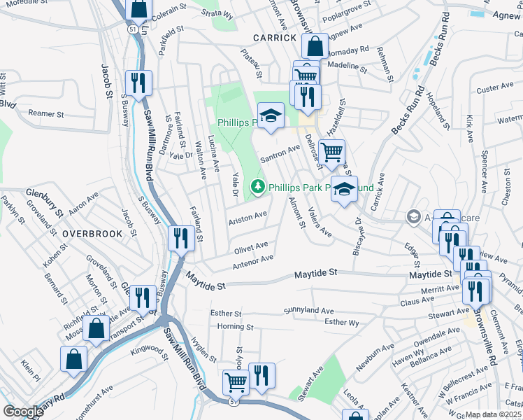 map of restaurants, bars, coffee shops, grocery stores, and more near 418 Ariston Avenue in Pittsburgh