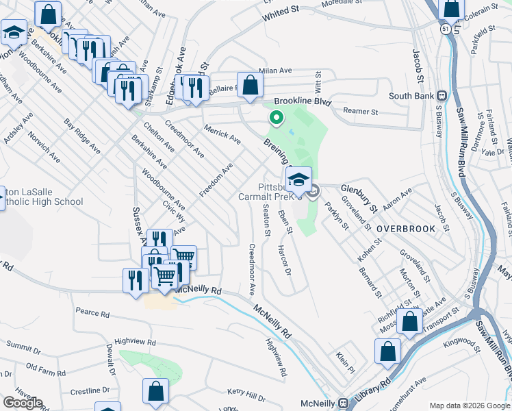 map of restaurants, bars, coffee shops, grocery stores, and more near 1627 Creedmoor Avenue in Pittsburgh
