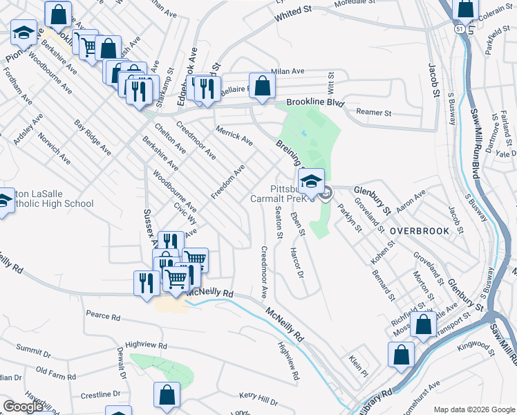 map of restaurants, bars, coffee shops, grocery stores, and more near 1627 Creedmoor Avenue in Pittsburgh