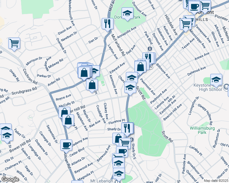 map of restaurants, bars, coffee shops, grocery stores, and more near 14A North Meadowcroft Avenue in Pittsburgh