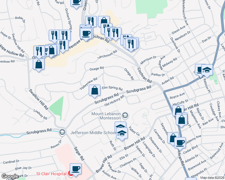 map of restaurants, bars, coffee shops, grocery stores, and more near 793 Elm Spring Road in Pittsburgh