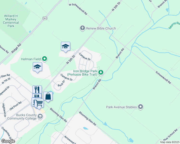 map of restaurants, bars, coffee shops, grocery stores, and more near 572 Campus Drive in Perkasie