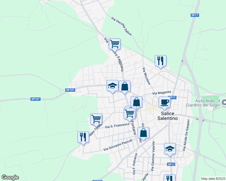 map of restaurants, bars, coffee shops, grocery stores, and more near 203 Via Pasquale Leone in Salice Salentino
