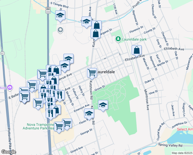 map of restaurants, bars, coffee shops, grocery stores, and more near 916 Elizabeth Avenue in Laureldale