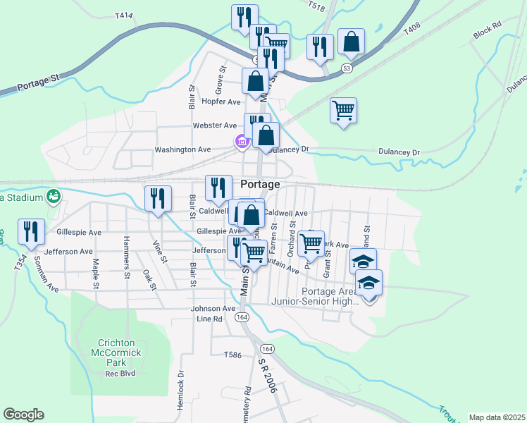 map of restaurants, bars, coffee shops, grocery stores, and more near 711 Caldwell Ave in Portage