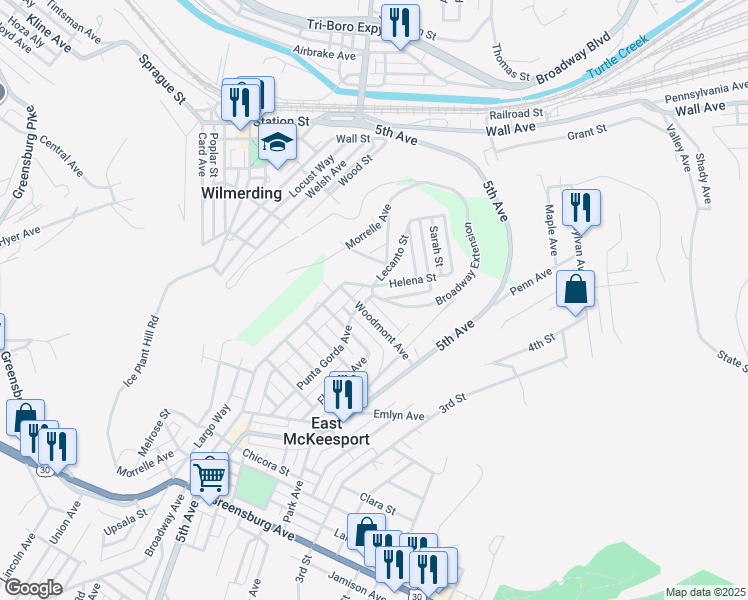 map of restaurants, bars, coffee shops, grocery stores, and more near 583 Broadway Extension in East McKeesport