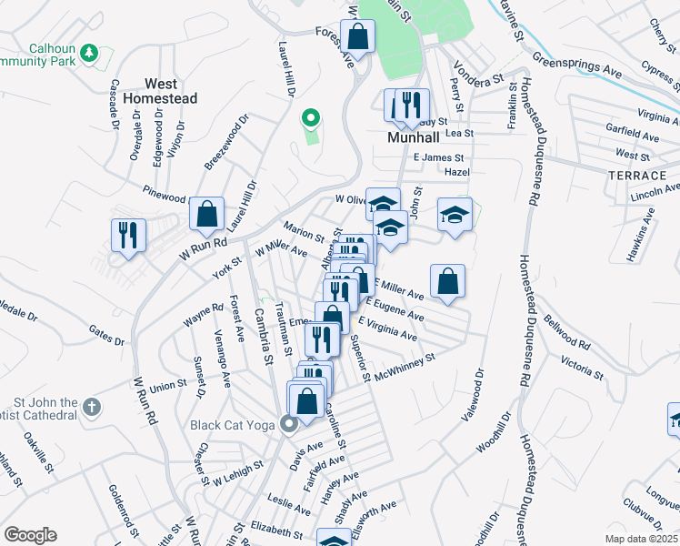 map of restaurants, bars, coffee shops, grocery stores, and more near 123 West Miller Avenue in Munhall
