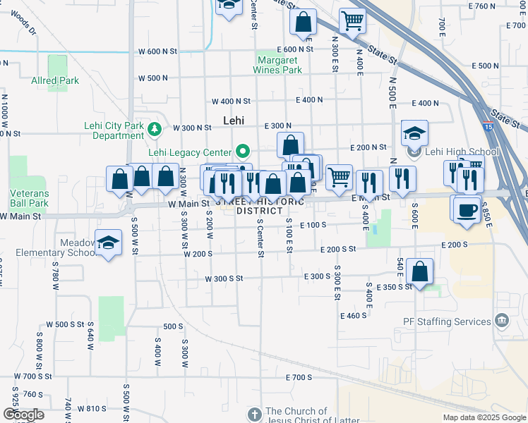 map of restaurants, bars, coffee shops, grocery stores, and more near 39 South Center Street in Lehi