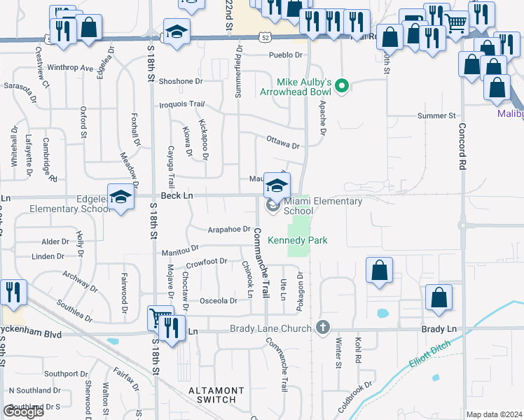 map of restaurants, bars, coffee shops, grocery stores, and more near 2913 Commanche Trail in Lafayette