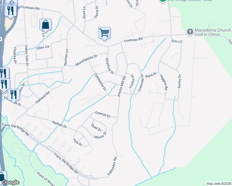 map of restaurants, bars, coffee shops, grocery stores, and more near 38 Cymbeline Drive in Old Bridge