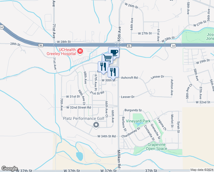 map of restaurants, bars, coffee shops, grocery stores, and more near 3110 67th Avenue Place in Greeley