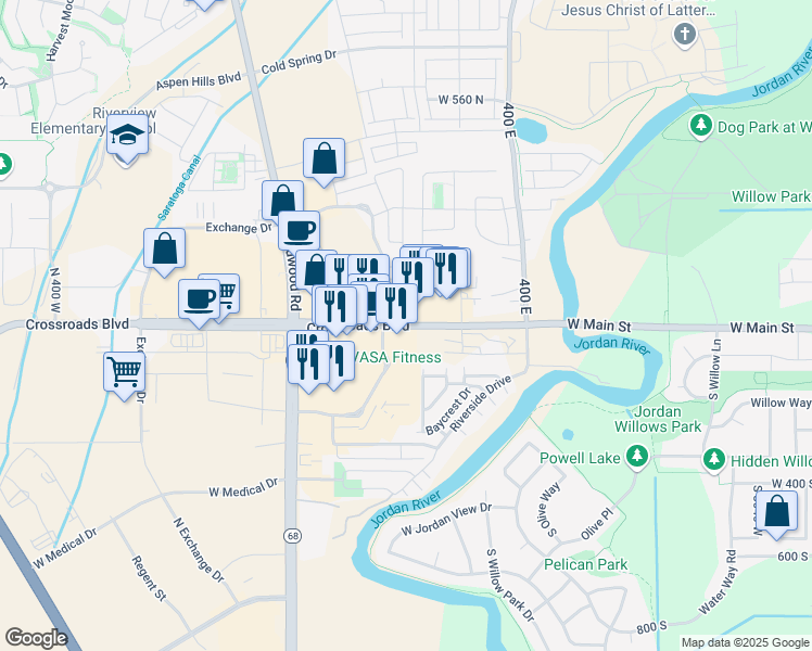 map of restaurants, bars, coffee shops, grocery stores, and more near Crossroads Boulevard in Utah County