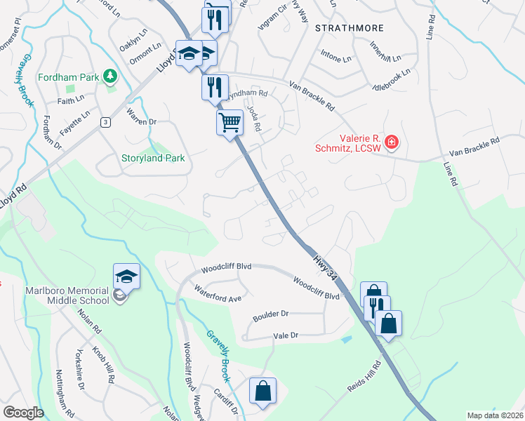 map of restaurants, bars, coffee shops, grocery stores, and more near 2 Woodbrook Drive in Matawan