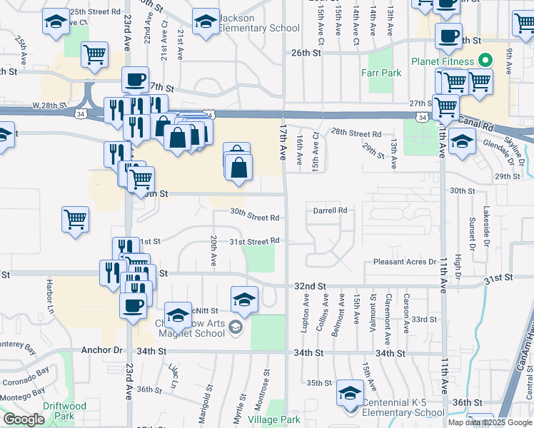 map of restaurants, bars, coffee shops, grocery stores, and more near 1733 30th Street Road in Greeley