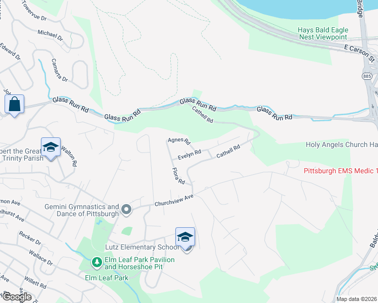 map of restaurants, bars, coffee shops, grocery stores, and more near 1433 Evelyn Road in Pittsburgh