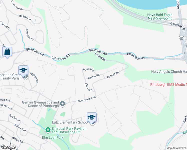 map of restaurants, bars, coffee shops, grocery stores, and more near 1433 Evelyn Rd in Pittsburgh