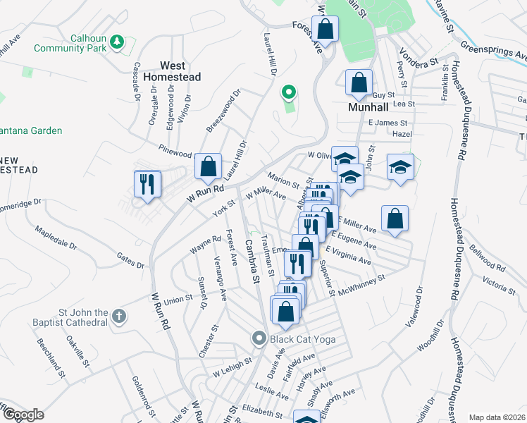 map of restaurants, bars, coffee shops, grocery stores, and more near 3323 Trautman St in Munhall