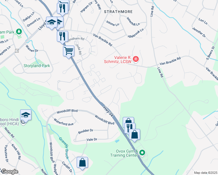 map of restaurants, bars, coffee shops, grocery stores, and more near 53 White Oak Lane in Matawan