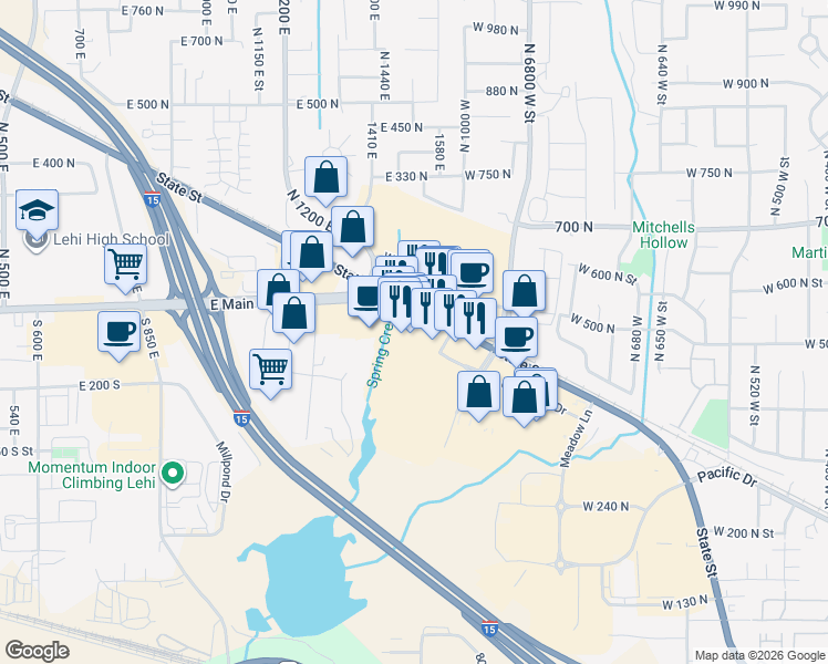 map of restaurants, bars, coffee shops, grocery stores, and more near North 990 West in American Fork