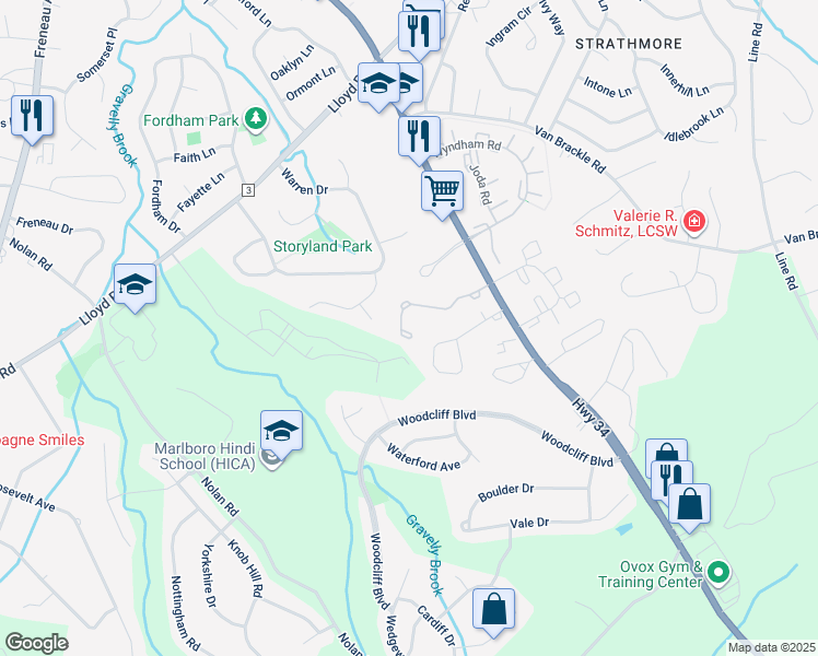 map of restaurants, bars, coffee shops, grocery stores, and more near 57 West Aspen Way in Matawan