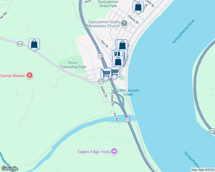 map of restaurants, bars, coffee shops, grocery stores, and more near 55 South Main Street in Duncannon